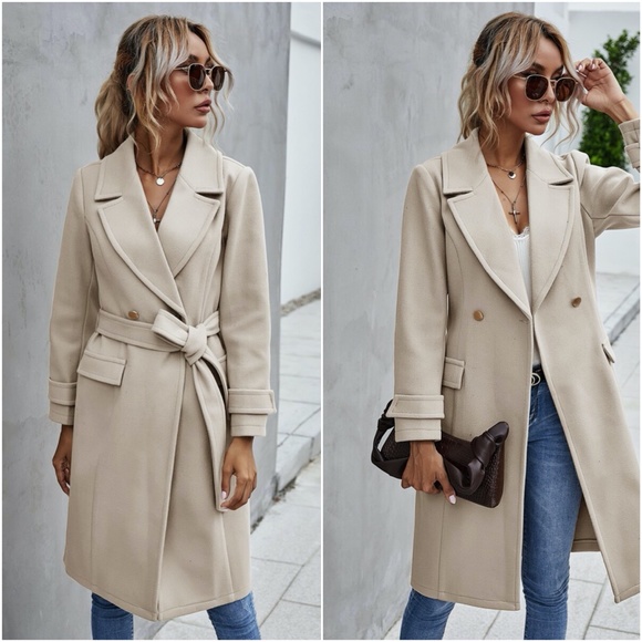 Trench Coat Double Breast Buttons belt pea coat - Picture 2 of 16